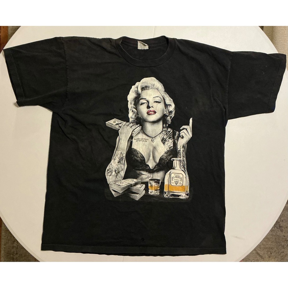 VTG Y2K Marilyn Monroe Hustle Tequila‎ Thrashed Mens 3XL Black Heavy Streetwear